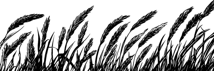 Vintage woodcut illustration capturing a serene field of tall grass swaying in the breeze