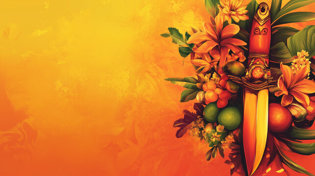 banner design for Thaipusam celebration with yellow to orange color gradient, decorated with kavadi knife image decorated with flowers and fruits, Ai generated images