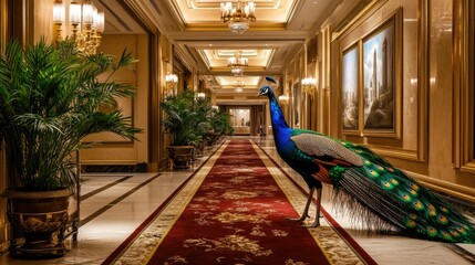 Majestic Peacock in a Luxurious Hotel Corridor