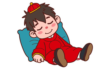 A chinese man fell asleep. Vector illustration in cartoon style.