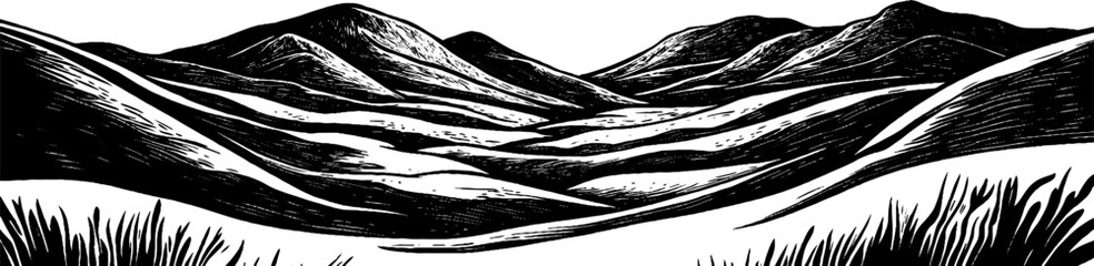 Obraz premium Exploration of a misty valley in a vintage woodcut style illustration showing serene landscapes