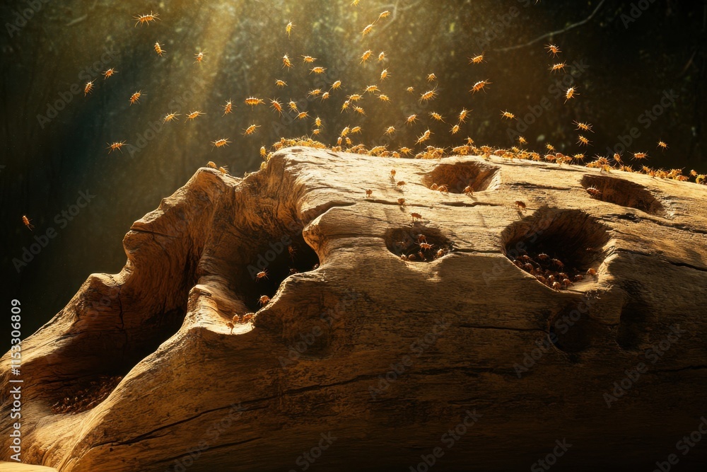 Poster a log with holes in it and a swarm of insects flying around it