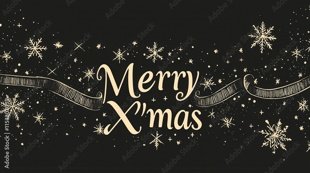 Poster elegant minimalist merry xmas design with simple snowflakes and ribbons in a dark background
