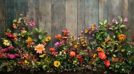 A beautiful display of colorful flowers and plants on a weathered wooden wall, evoking a sense of rustic charm and natural beauty.