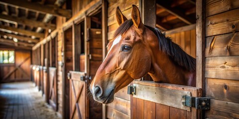 Ranch Horse Stable Closeup: Brown Horse Portrait in Rustic Barn