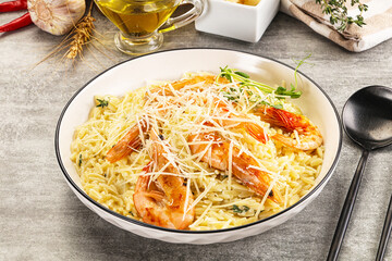 Italian pasta Orzo with prawn