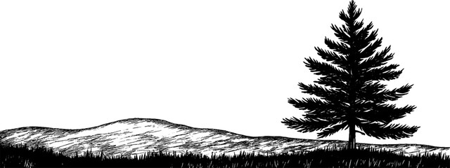 Vintage woodcut illustration depicting a solitary pine tree in a tranquil landscape