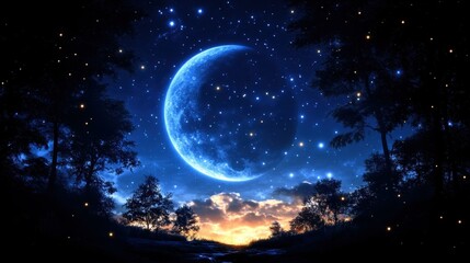Nightscape Dream. Blue crescent moon night sky stars landscape dreamy