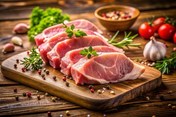Fototapeta premium Raw Pork Chops on Rustic Wooden Cutting Board - Fresh Meat Butcher Shop