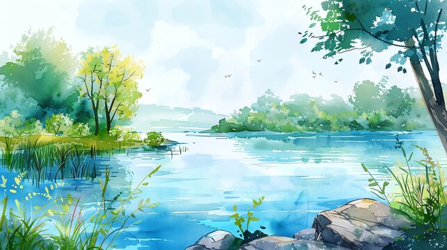 A watercolor painting of a lake scene with trees, rocks, and birds flying overhead. - Powered by Adobe