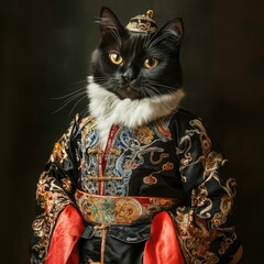 Majestic Black Cat in Elaborate Asian-Inspired Royal Attire
