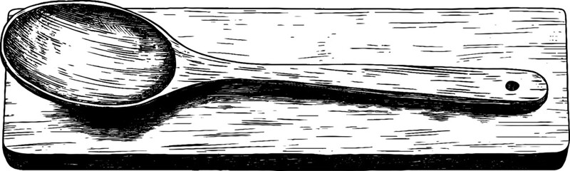 Vintage woodcut illustration showcasing a wooden spoon resting on a wooden surface
