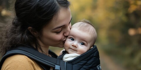 Obraz premium A mother joyfully kisses and hugs her newborn while using a baby carrier to keep her little one close and secure. The bond of love between them is evident.