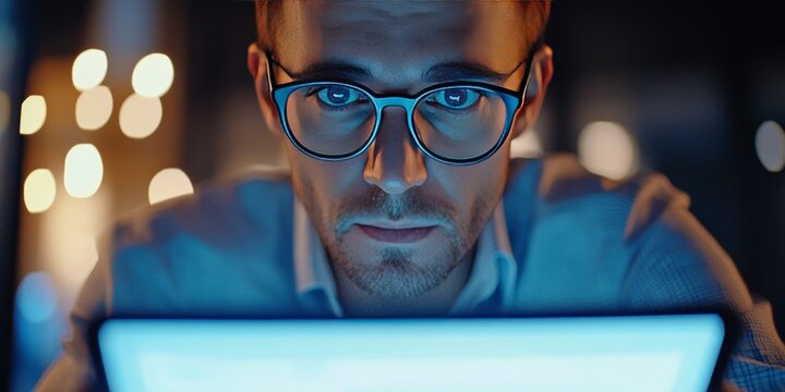 Caucasian man in optical eyewear focuses on a distance deadline while analyzing digital marketing for a startup project. The male trader works remotely on a tablet, composing a business email.