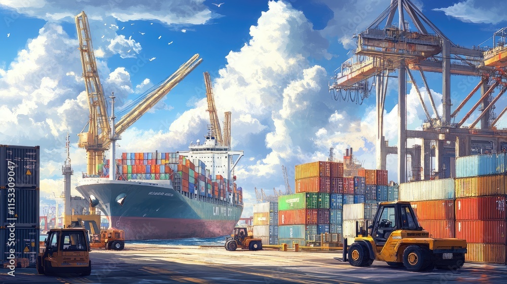 Poster A bustling container terminal with a cargo ship, forklifts moving containers, and cranes unloading goods for the global transportation and logistics industry.