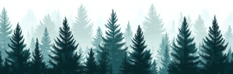 Obraz premium Seamless natural panoramic background, misty landscape with fir forest, hipster vintage retro style