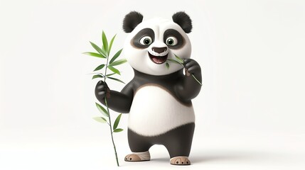 A cute cartoon panda bear eating bamboo.