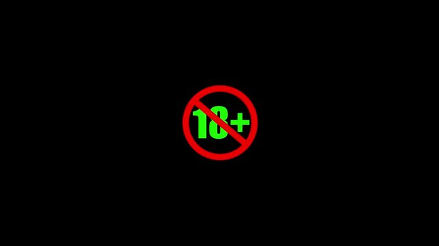 animation of under 18 prohibition sign symbol on a black background. 18+ not allowed icon. No under 18 sign icon animation.