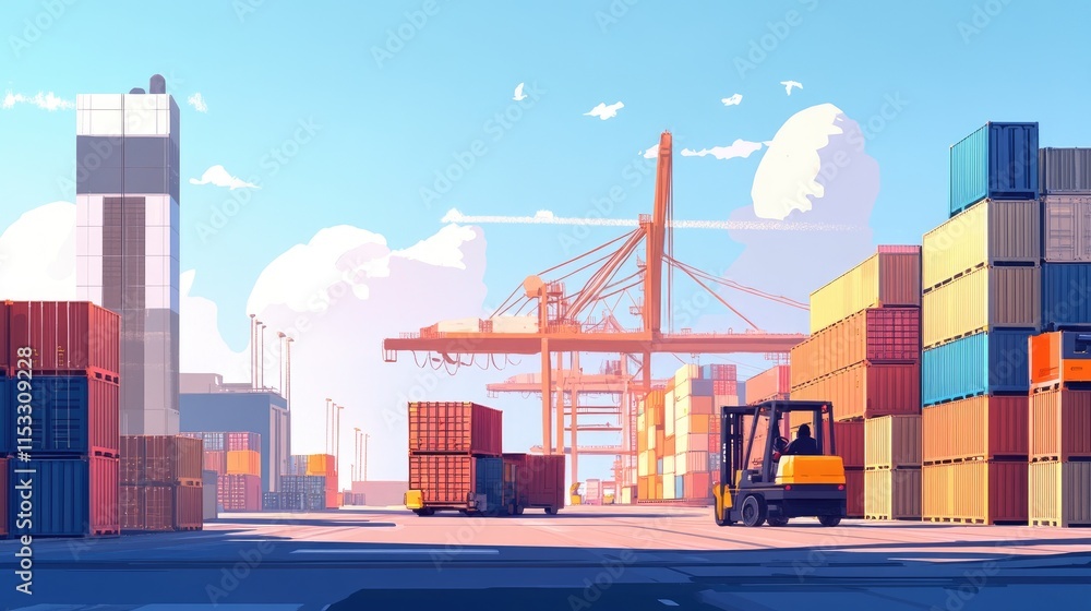 Poster a busy port with containers stacked high and a forklift moving cargo, illustrating logistics, shippi