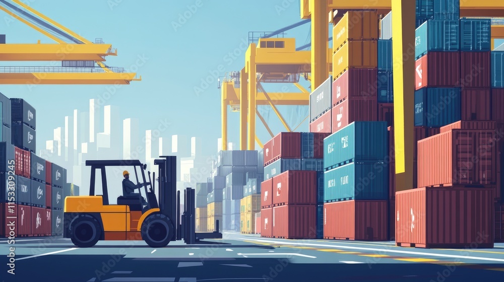 Poster a busy port with containers stacked high and a forklift moving cargo, illustrating logistics, shippi