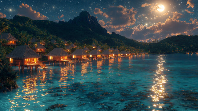 Nighttime Illustration of Bora Bora with Illuminated Overwater Bungalows
