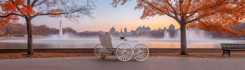 Fototapeta premium A serene autumn scene featuring a white carriage by a lake with fountains and colorful trees.