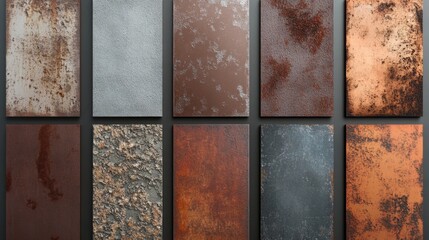 Texture samples of rusted, metallic, and stone surfaces.