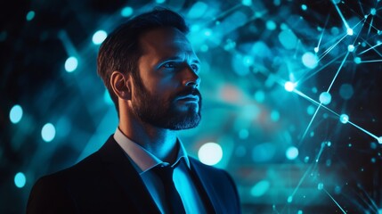 Thoughtful businessman in blue light with network connections.
