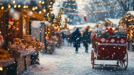 A bustling Christmas market with snow-covered streets, decorated stalls, and twinkling lights. A red cart filled with festive gifts stands in the foreground, capturing the warmth and joy of the
