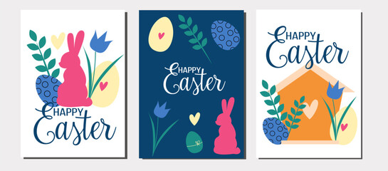 Vector set of Happy Easter greeting cards. Set of cute Easter design elements: bunny, spring flowers, eggs, birdhouse