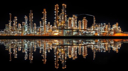 A chemical refinery illuminated at night, with glowing pipes and factory buildings, reflecting the busy operations of an industrial plant.