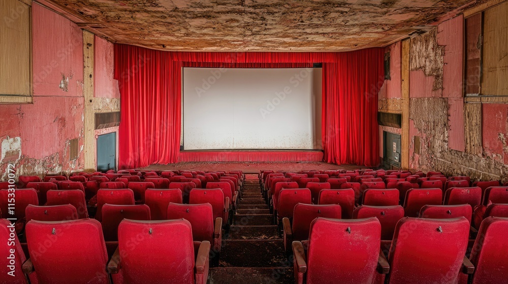 Poster a cinematic view of red seats in an empty cinema, with a large white screen framed by red curtains, 