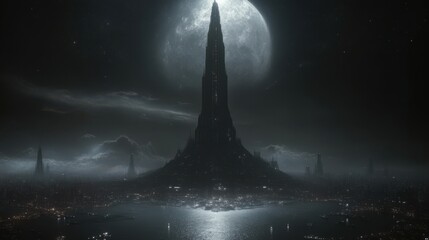Fototapeta premium Tall dark futuristic tower at night under full moon.