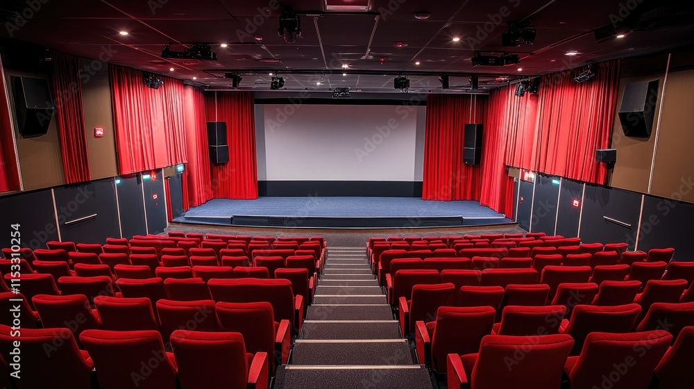 Poster a cinematic view of red seats in an empty cinema, with a large white screen framed by red curtains, 