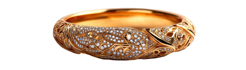 Elegant gold bracelet with intricate designs. transparent background