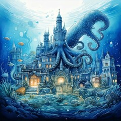 Fototapeta premium Illustration of an underwater watercolor city guarded by a Kraken in soft blues