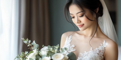 Naklejka premium Stunning bride adorned in an elegant wedding dress, showcasing beauty and grace. This beautiful bride captures the essence of love and celebration in her luxurious wedding dress.