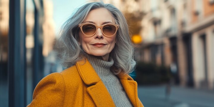 A middle aged woman is sporting cat eye sunglasses paired with a matching coat, showcasing a promotional image that highlights current fashion trends.
