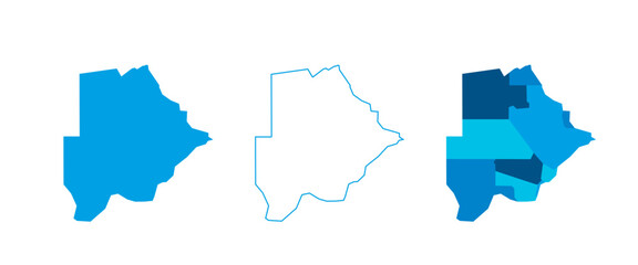 Botswana set of three maps - solid map, outline map and map highlighting administrative divisions. Three distinct maps illustrate various representations of a geographical area.