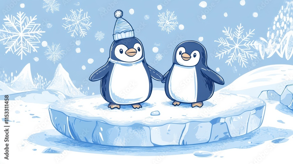 Aufkleber winter themed doodle of two penguins on an ice platform surrounded by snowflakes and mountains in a 