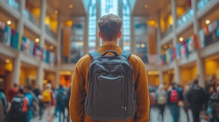 Student with backpack in large building atrium.