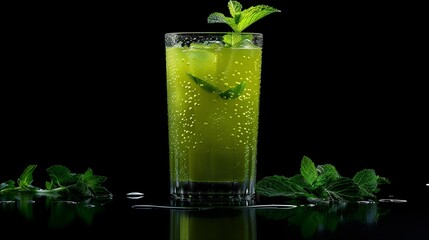 A tall glass of refreshing green juice with condensation on the glass, garnished with a sprig of mint.