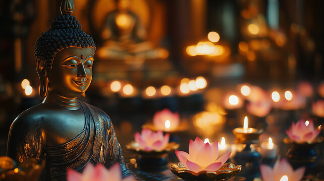 Buddhists light candles and place lotus flowers on the altar during Parinirvana Day, Buddha statue smiling gently in the foreground, Ai generated images