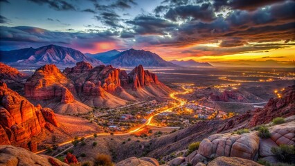 Obraz premium Red Rock Canyon Dusk: Las Vegas Valley Panorama - Vintage Photography