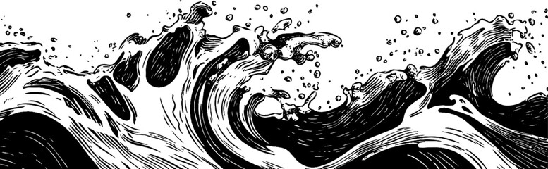 Fototapeta premium Vintage woodcut illustration capturing dynamic water splashes in detailed black and white