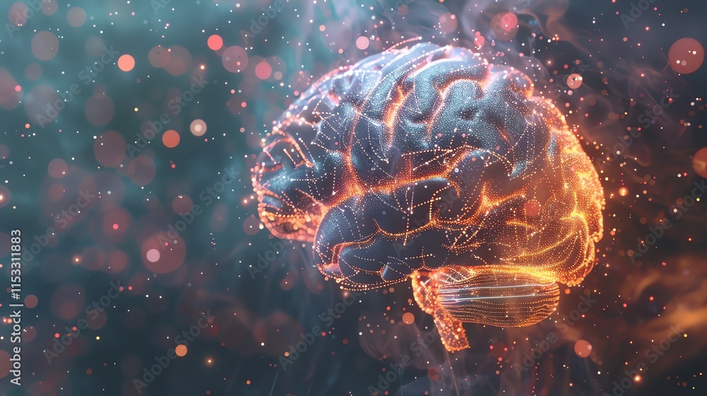 Poster a digital rendering of a human brain with glowing connections.