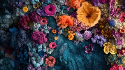 Fototapeta premium Vibrant coral reef teeming with diverse colorful coral polyps and sea life.