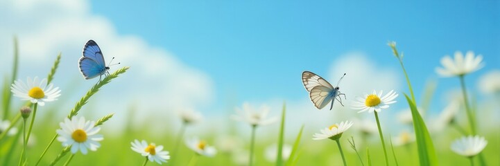 Two butterflies landing on daisies in a wide spring meadow against a blue sky, representing summer, peace, and nature's beauty.