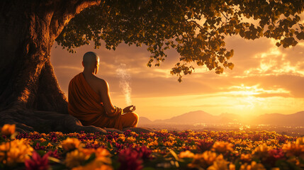 a Buddhist monk praying under a Bodhi tree on Parinirvana Day, surrounded by flower offerings and billowing incense, Ai generated images