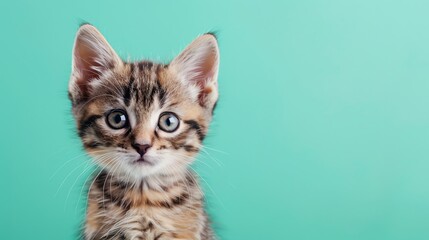 Obraz premium A close-up of a cute kitten against a teal background.